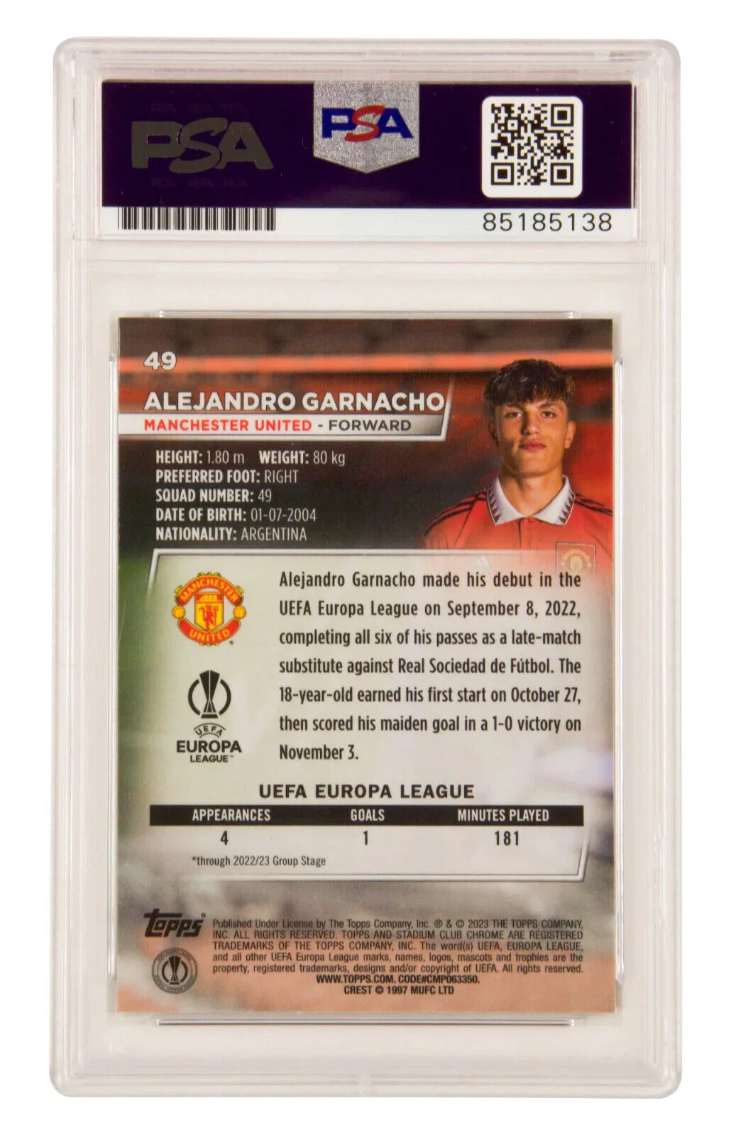 Alejandro Garnacho Signed 2022 Topps Stadium Club Chrome Rookie Card – PSA 10 - Image 2