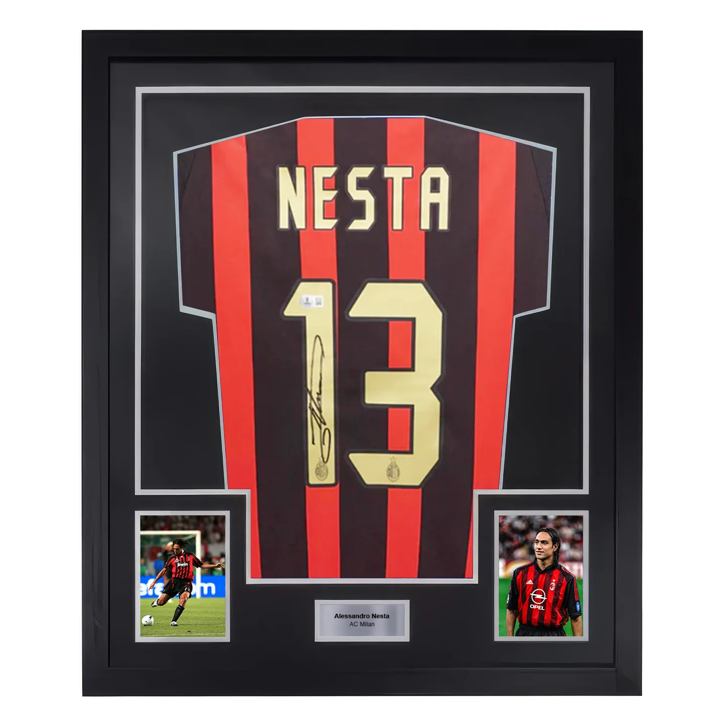Framed Alessandro Nesta Signed AC Milan Home Soccer Jersey #13 with Beckett Witness