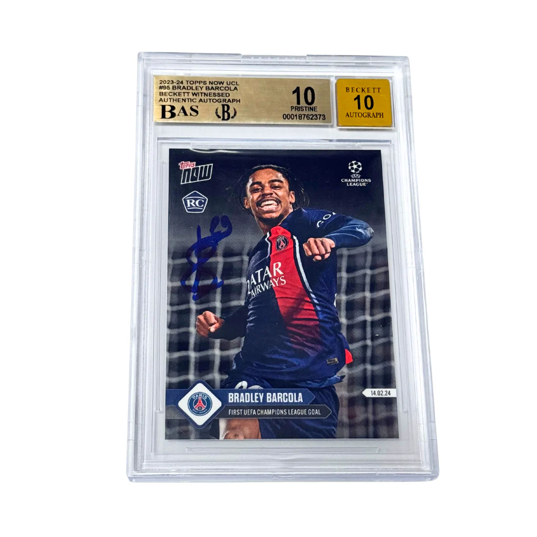 Bradley Barcola Signed 2023-24 Topps Now UCL #95 First Goal RC – BGS 10 AUTO 10