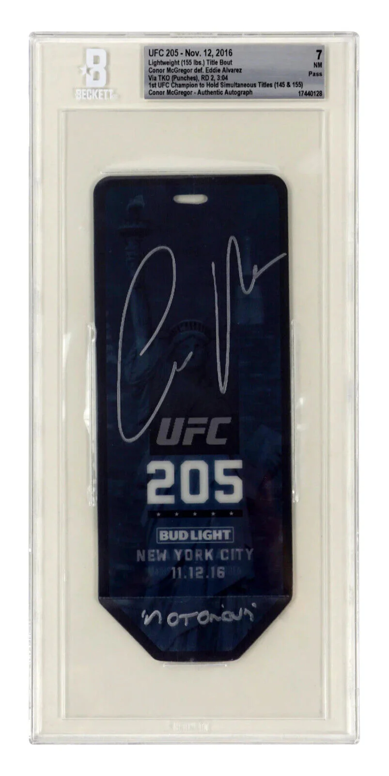 Conor McGregor Signed 2016 UFC Title Fight vs Alvarez Inscribed Ticket – BGS 7