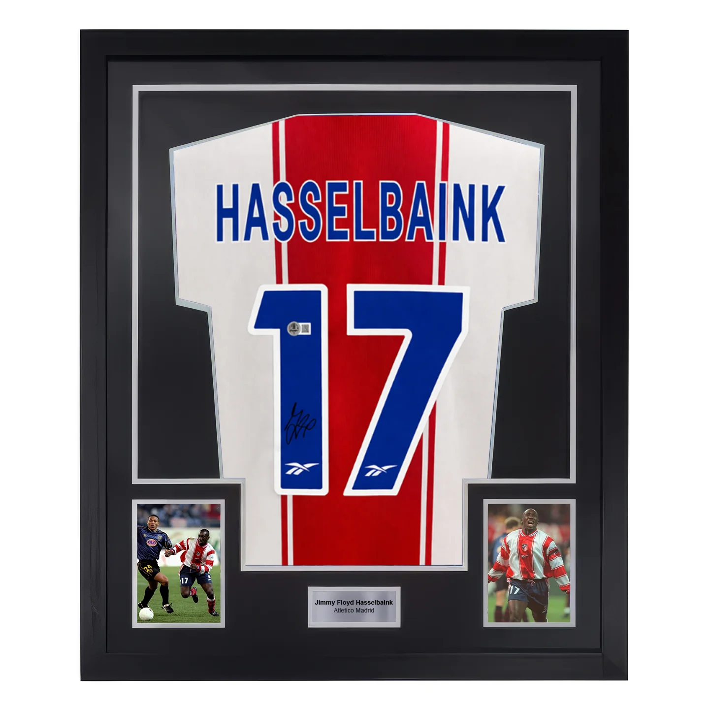 Framed Jimmy Floyd Hasselbaink Signed Atletico Madrid Soccer Jersey #17 with Beckett COA