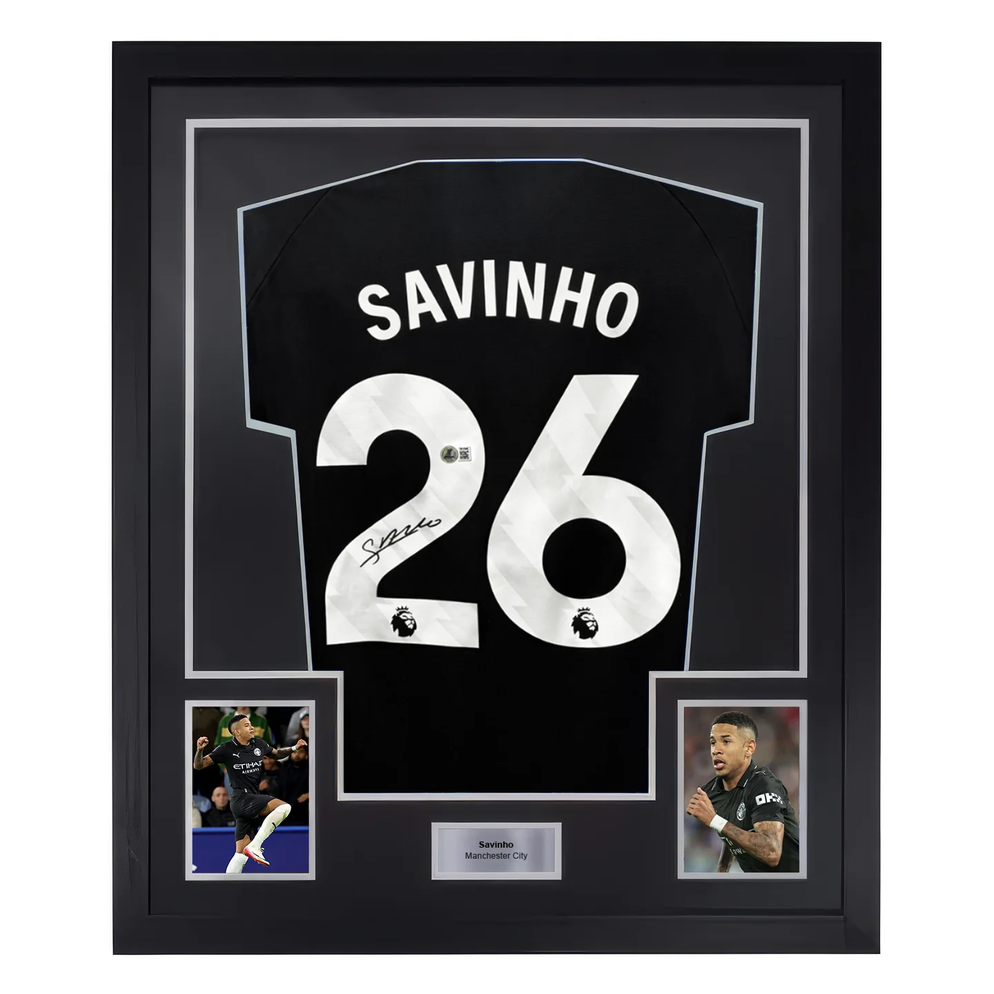 Framed Savinho Signed Manchester City FC Away Soccer Jersey #26 with Beckett COA