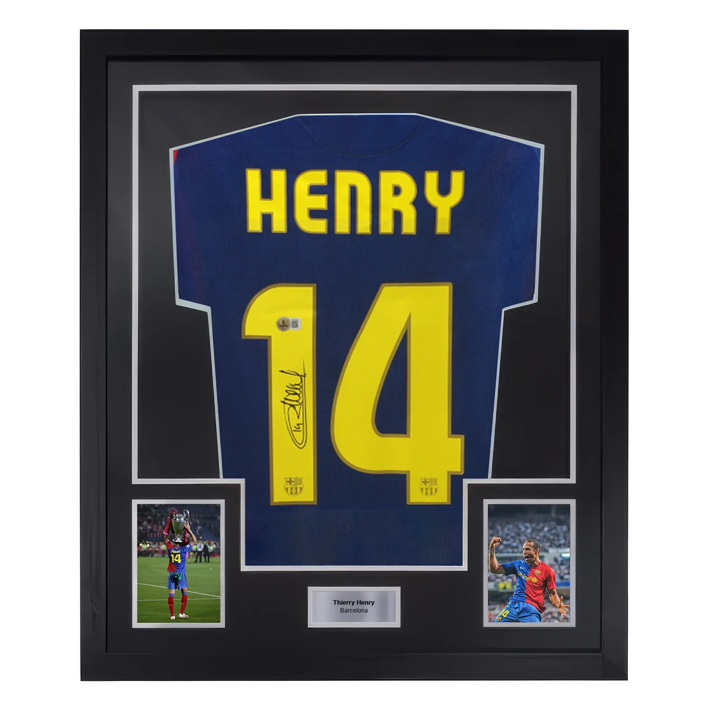 Framed Thierry Henry Signed Barcelona Home Soccer Jersey #14 with Beckett COA