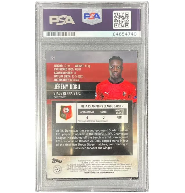 Jeremy Doku Signed 2020-21 Topps Stadium Club Chrome Rookie #22 – PSA Authentic - Image 2