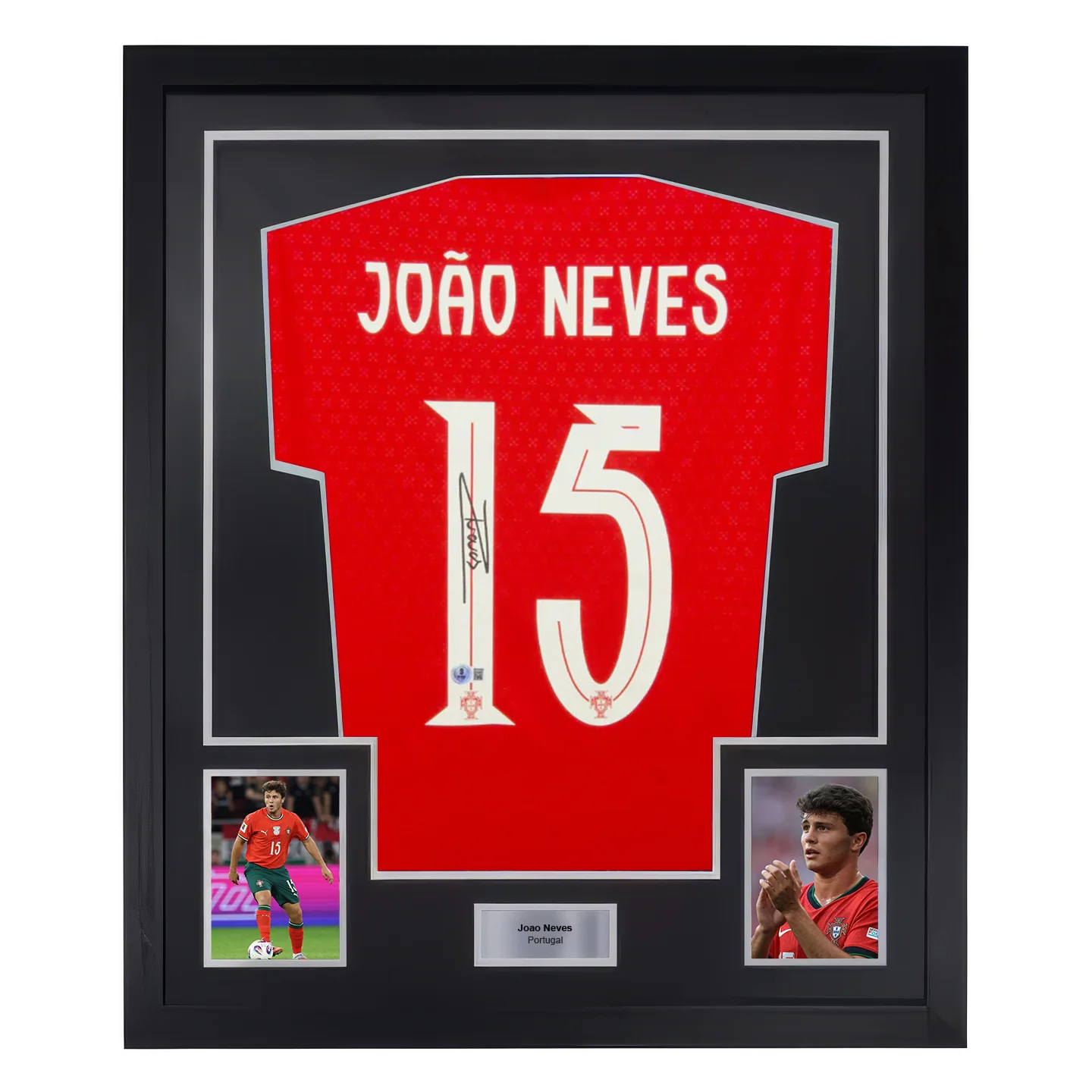 Framed Joao Neves Signed Portugal FC Home Soccer Jersey #15 with Beckett Witness