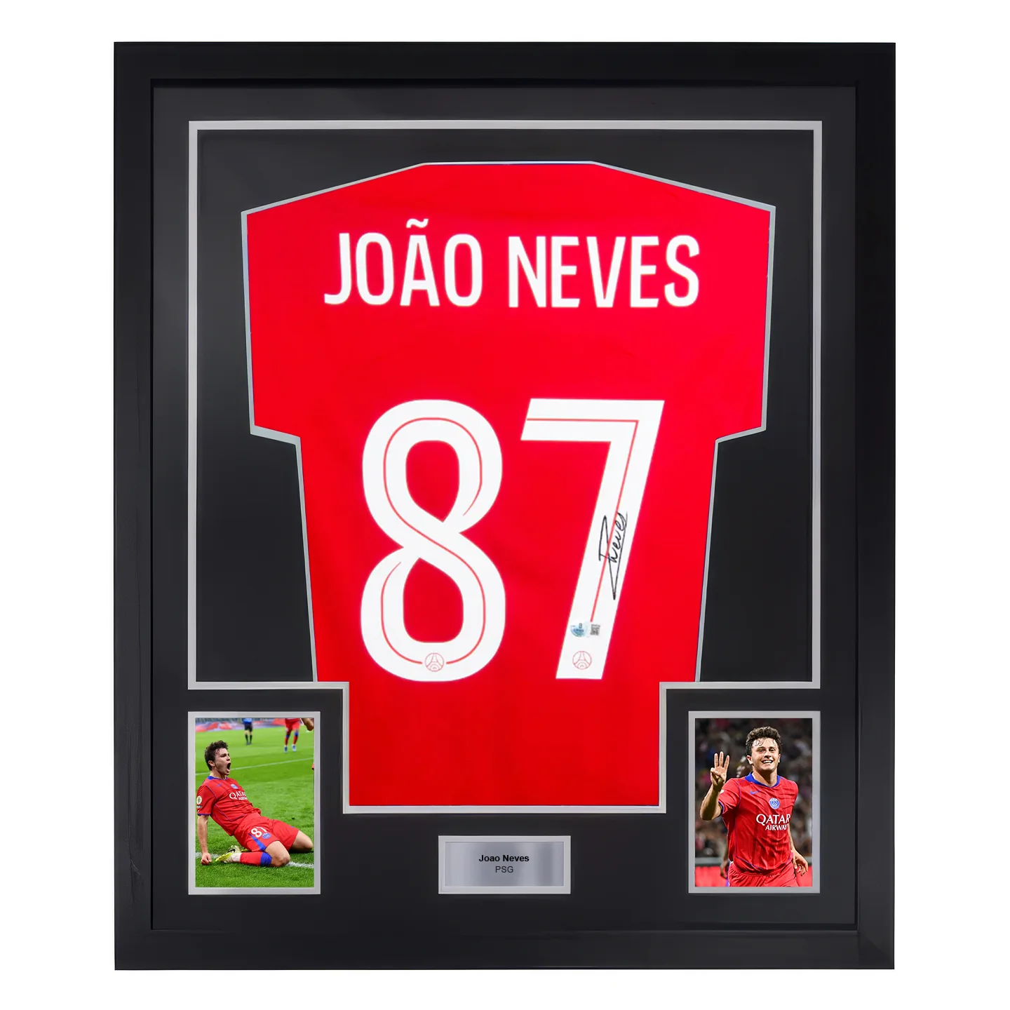 Framed Joao Neves Signed PSG Away Soccer Jersey #87 with Beckett Witness