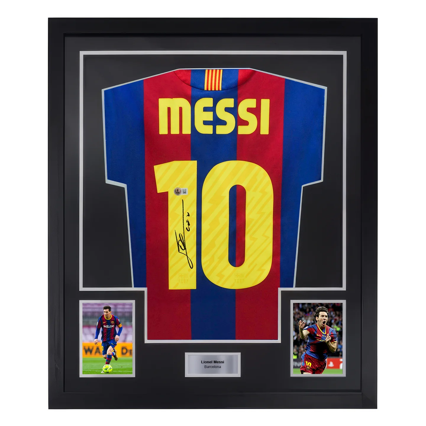 Framed Lionel Messi Signed FC Barcelona Home Soccer Jersey #10 with Beckett Witness