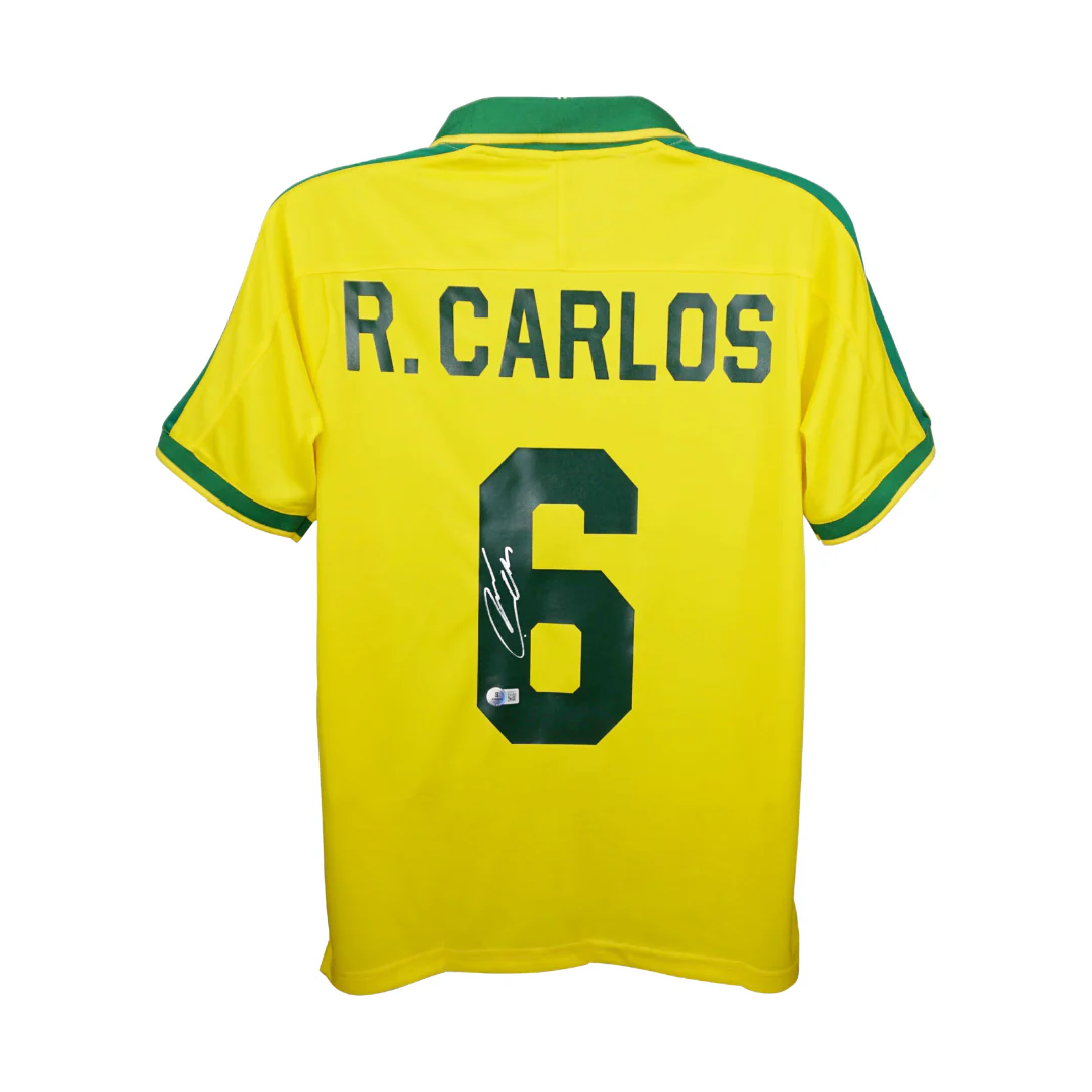 Framed Roberto Carlos Signed Brazil Home Soccer Jersey #6 with Beckett Witness - Image 3