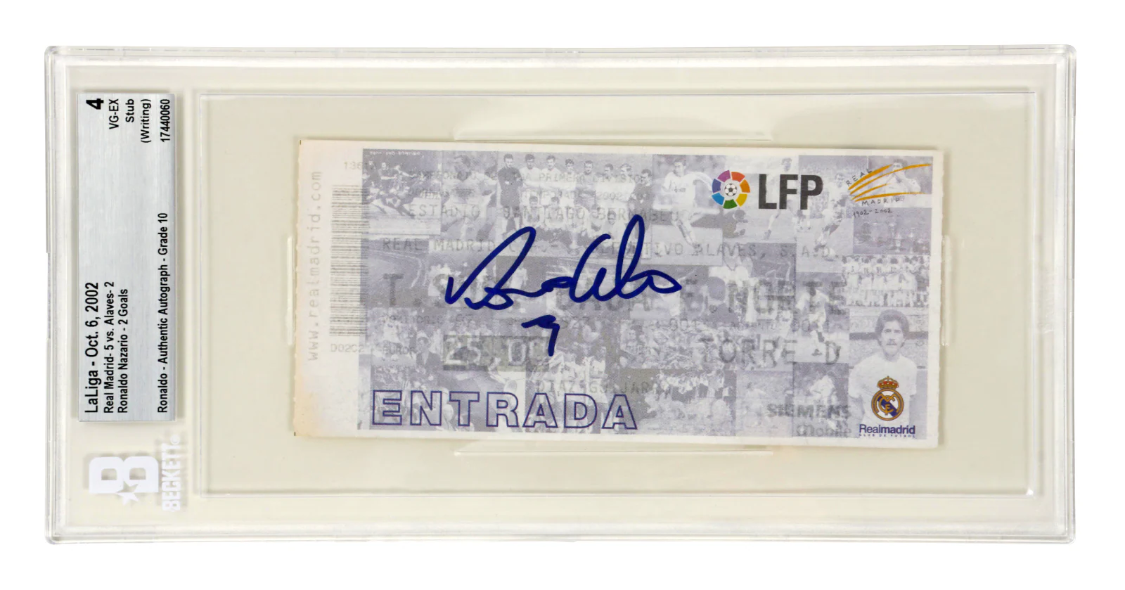 Ronaldo Nazario Signed 2002 Real Madrid Debut + 2 Goals Match Ticket – BGS 4