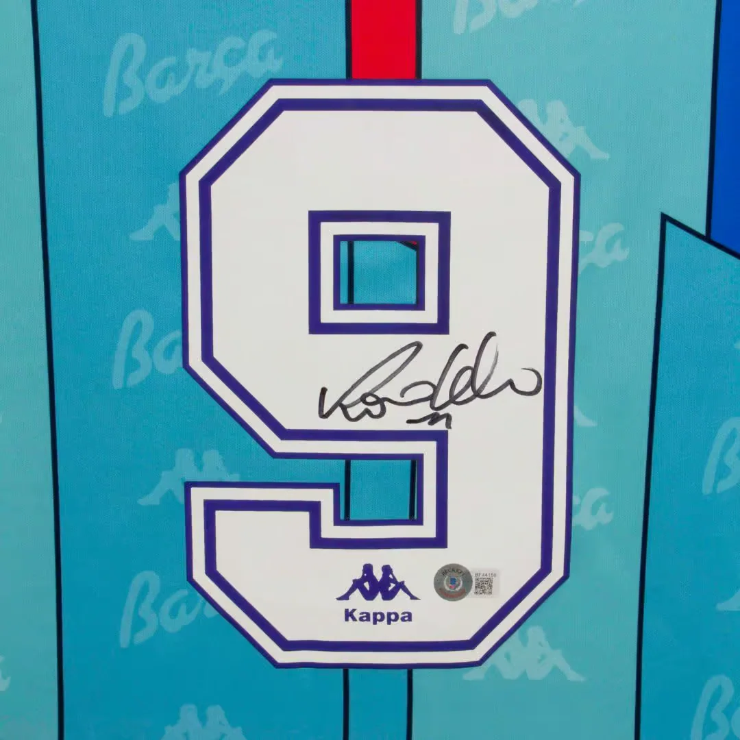 Framed Ronaldo Nazario Signed FC Barcelona Away Soccer Jersey #9 with Beckett COA - Image 2