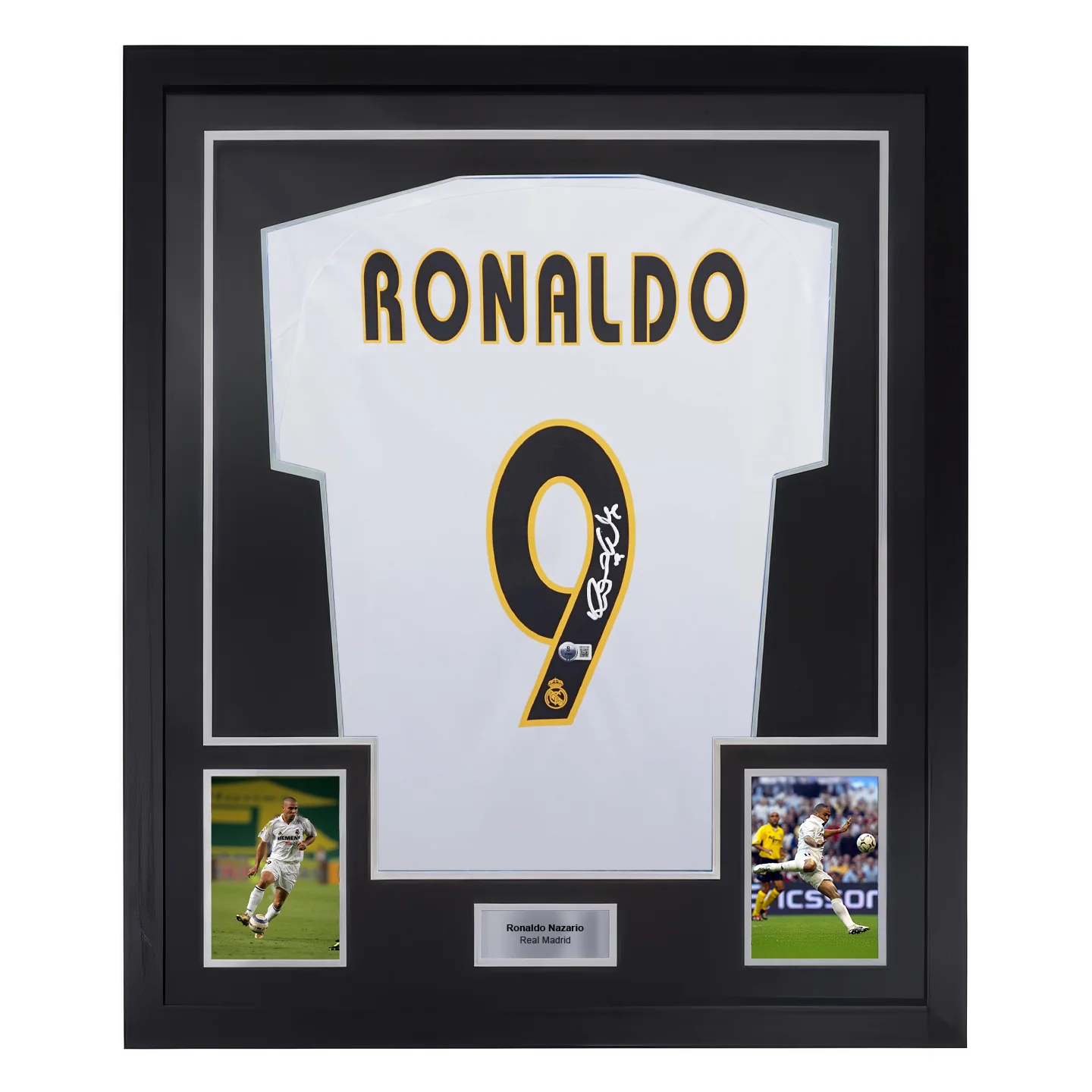 Framed Ronaldo Nazario Signed Real Madrid Home Soccer Jersey #9 with Beckett Witness