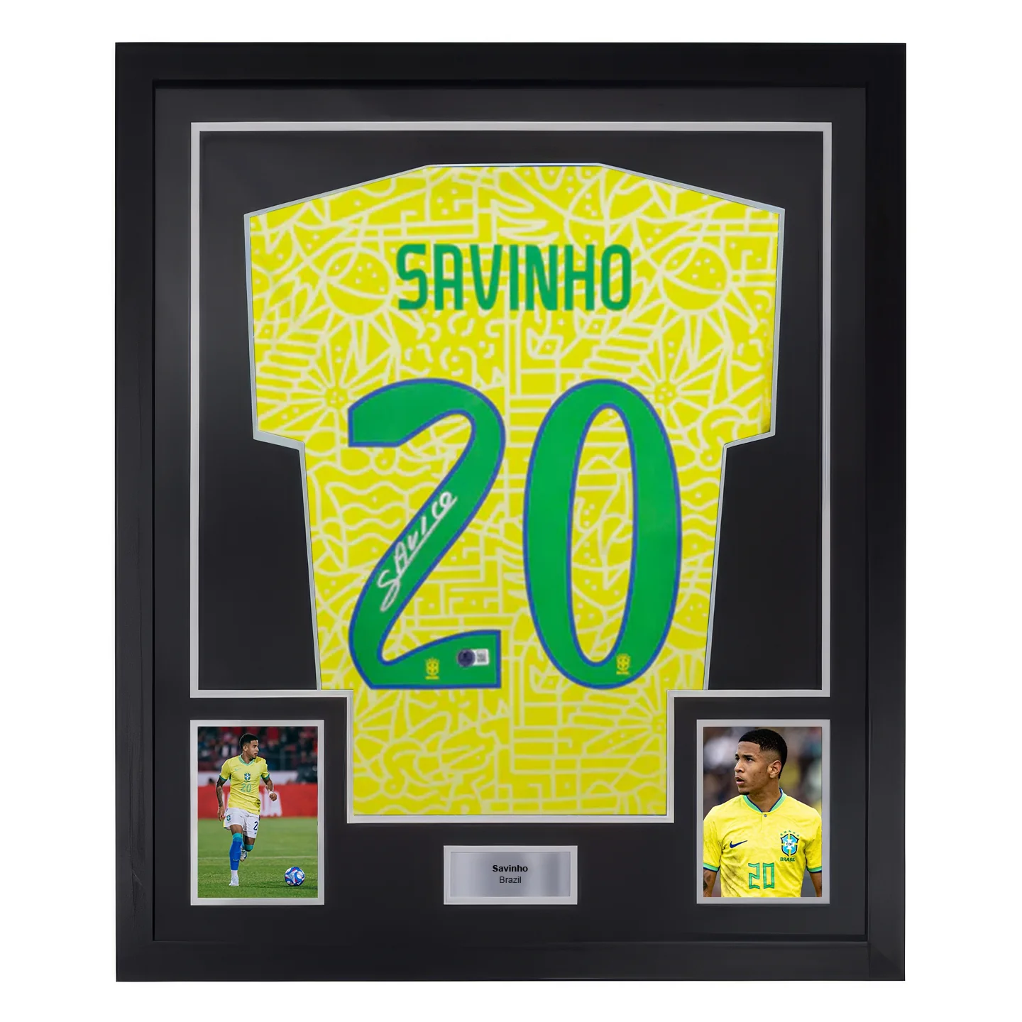 Framed Savinho Signed Brazil FC Home Soccer Jersey #20 with Beckett COA