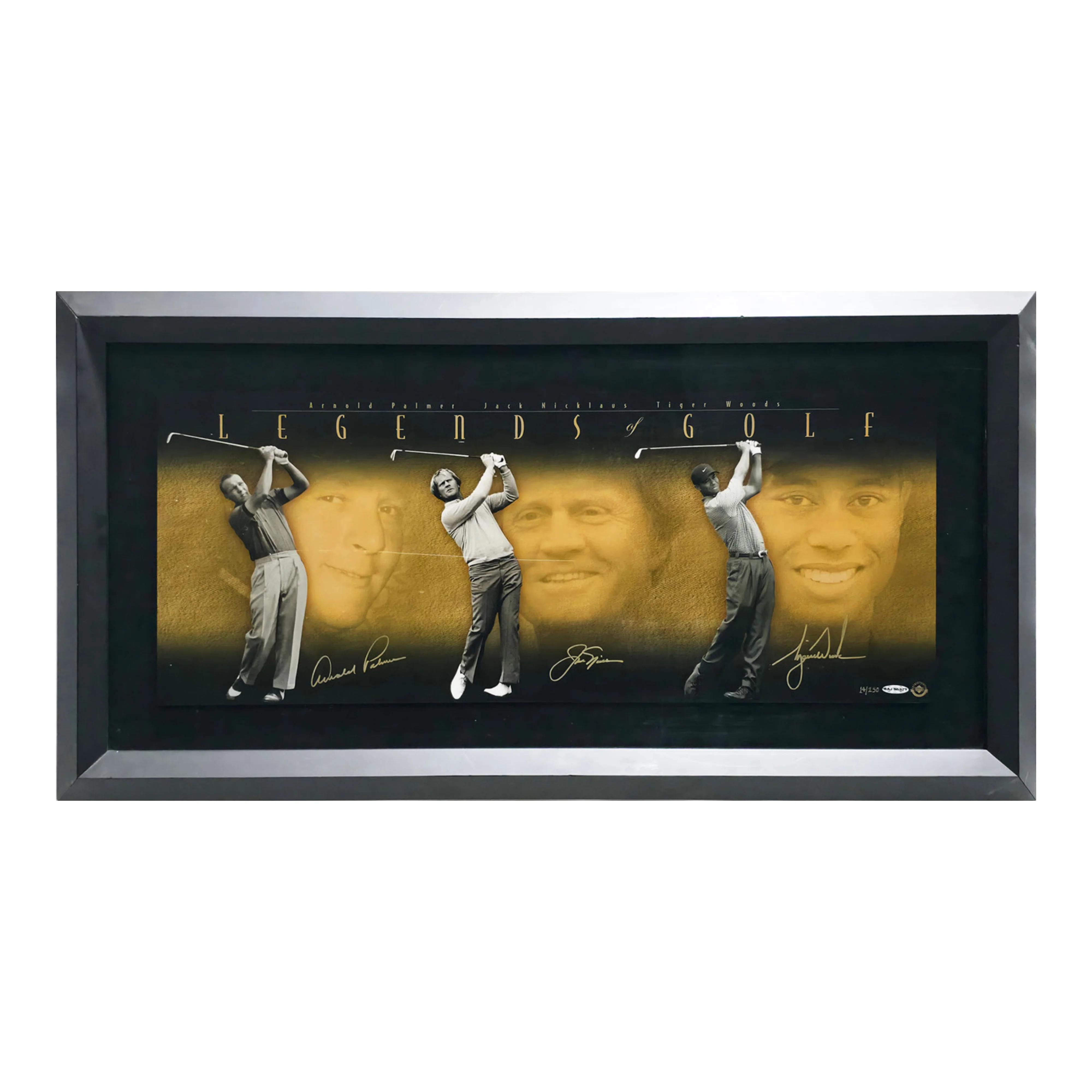 Tiger Woods, Jack Nicklaus & Arnold Palmer Autographed Framed 'Legends of Golf' 12x30 Photo Beckett BAS, PSA/DNA & UDA Holo